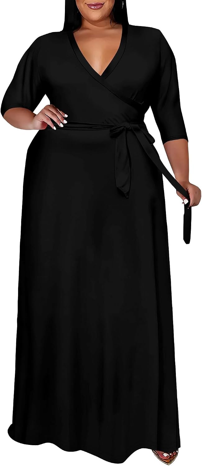 SUZONANA Plus Size Maxi Dresses for Curvy Women Wrap 3/4 Sleeve Long Dress