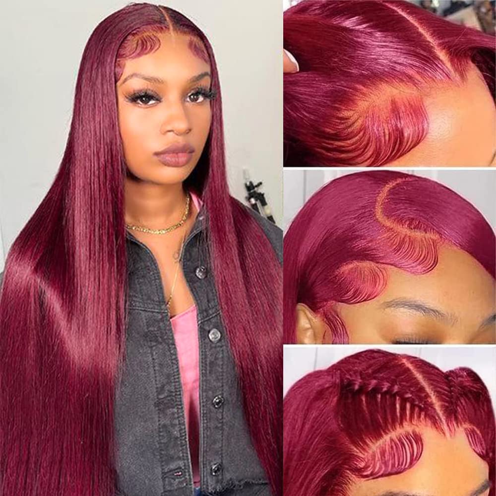 CHEETAHBEAUTY 99j Burgundy Lace Front Wigs Human Hair 24Inch 13x6 Burgundy Wig Human Hair 220% Density Brazilian Virgin Straight Human Hair Wigs for Women Pre Plucked with Baby Hair