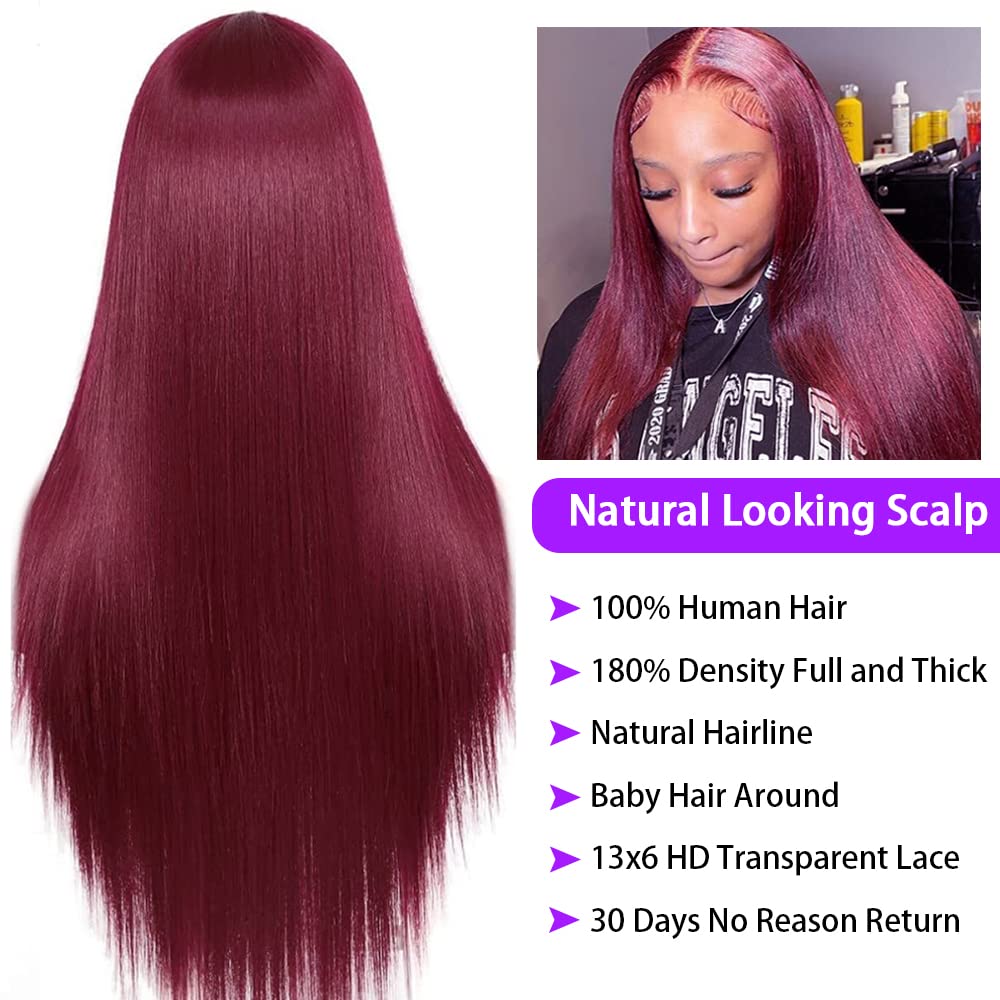 CHEETAHBEAUTY 99j Burgundy Lace Front Wigs Human Hair 24Inch 13x6 Burgundy Wig Human Hair 220% Density Brazilian Virgin Straight Human Hair Wigs for Women Pre Plucked with Baby Hair
