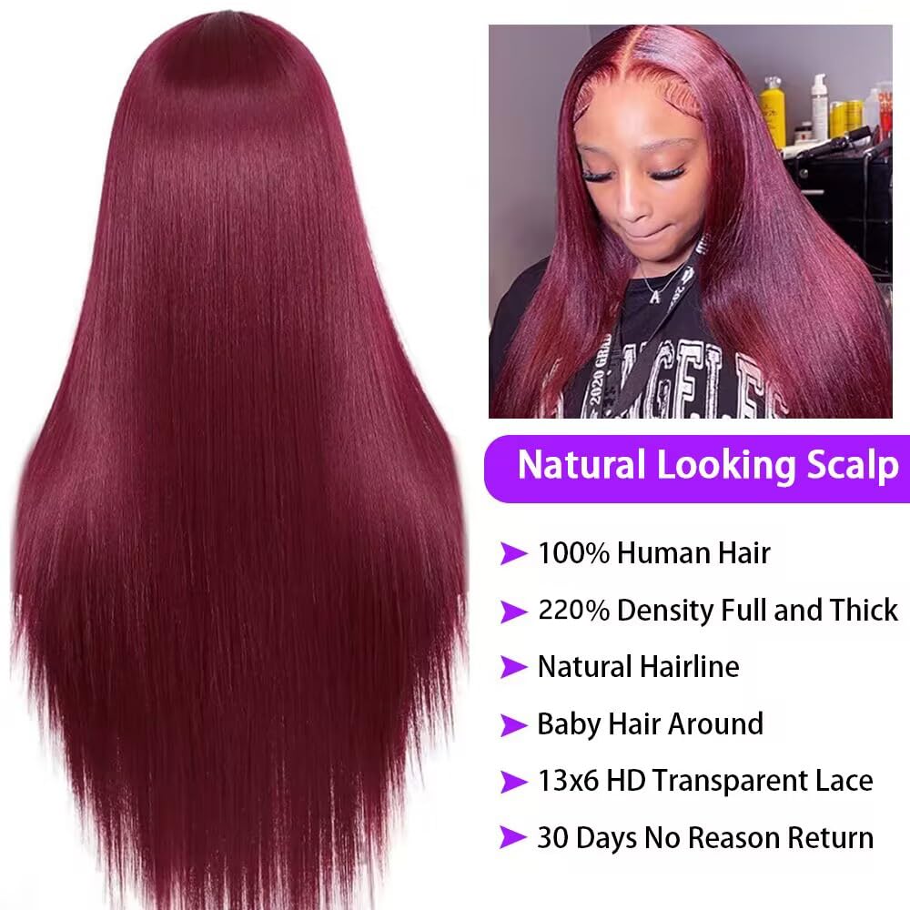 CHEETAHBEAUTY 99j Burgundy Lace Front Wigs Human Hair 24Inch 13x6 Burgundy Wig Human Hair 220% Density Brazilian Virgin Straight Human Hair Wigs for Women Pre Plucked with Baby Hair
