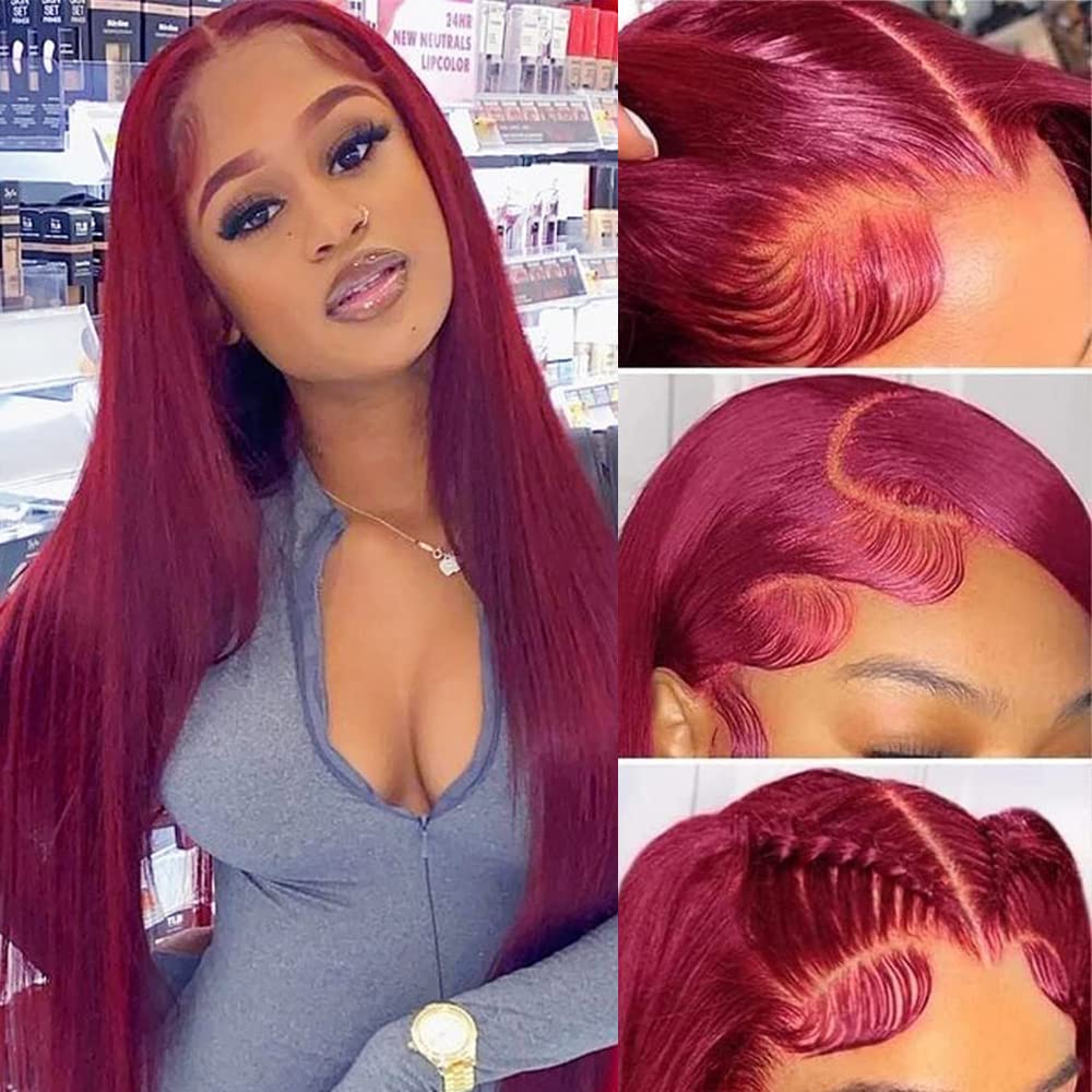 CHEETAHBEAUTY 99j Burgundy Lace Front Wigs Human Hair 24Inch 13x6 Burgundy Wig Human Hair 220% Density Brazilian Virgin Straight Human Hair Wigs for Women Pre Plucked with Baby Hair