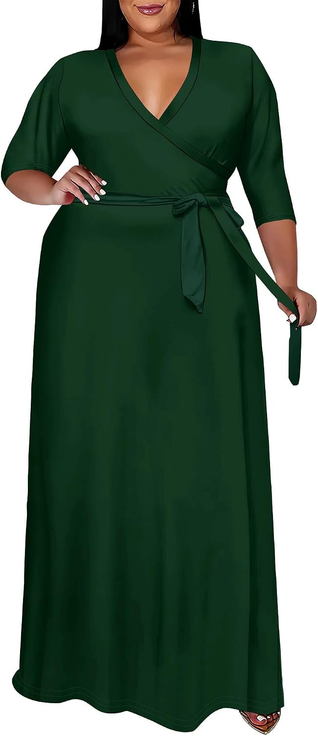 SUZONANA Plus Size Maxi Dresses for Curvy Women Wrap 3/4 Sleeve Long Dress
