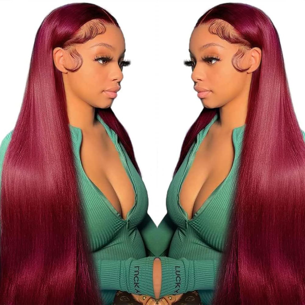 CHEETAHBEAUTY 99j Burgundy Lace Front Wigs Human Hair 24Inch 13x6 Burgundy Wig Human Hair 220% Density Brazilian Virgin Straight Human Hair Wigs for Women Pre Plucked with Baby Hair