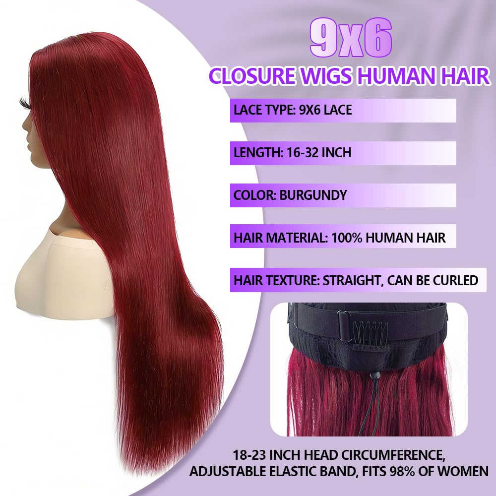 CHEETAHBEAUTY 99j Burgundy Lace Front Wigs Human Hair 24Inch 13x6 Burgundy Wig Human Hair 220% Density Brazilian Virgin Straight Human Hair Wigs for Women Pre Plucked with Baby Hair