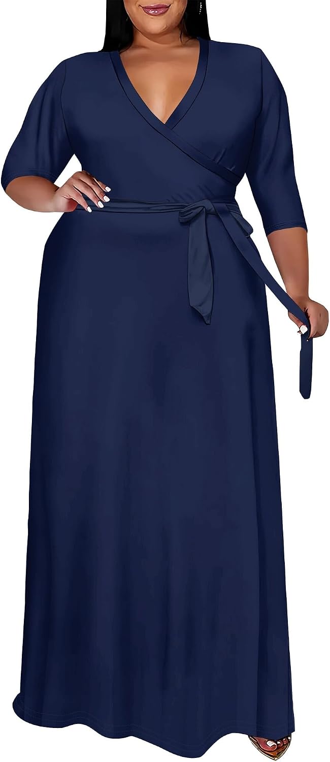 SUZONANA Plus Size Maxi Dresses for Curvy Women Wrap 3/4 Sleeve Long Dress
