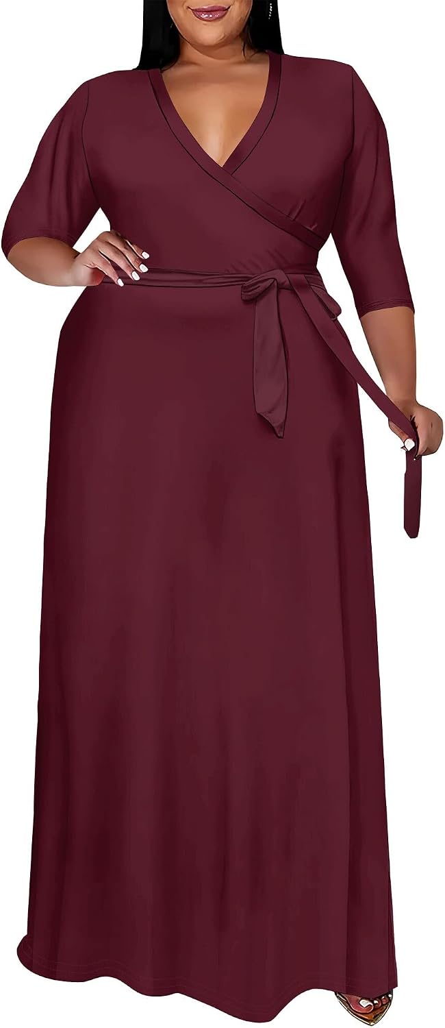 SUZONANA Plus Size Maxi Dresses for Curvy Women Wrap 3/4 Sleeve Long Dress