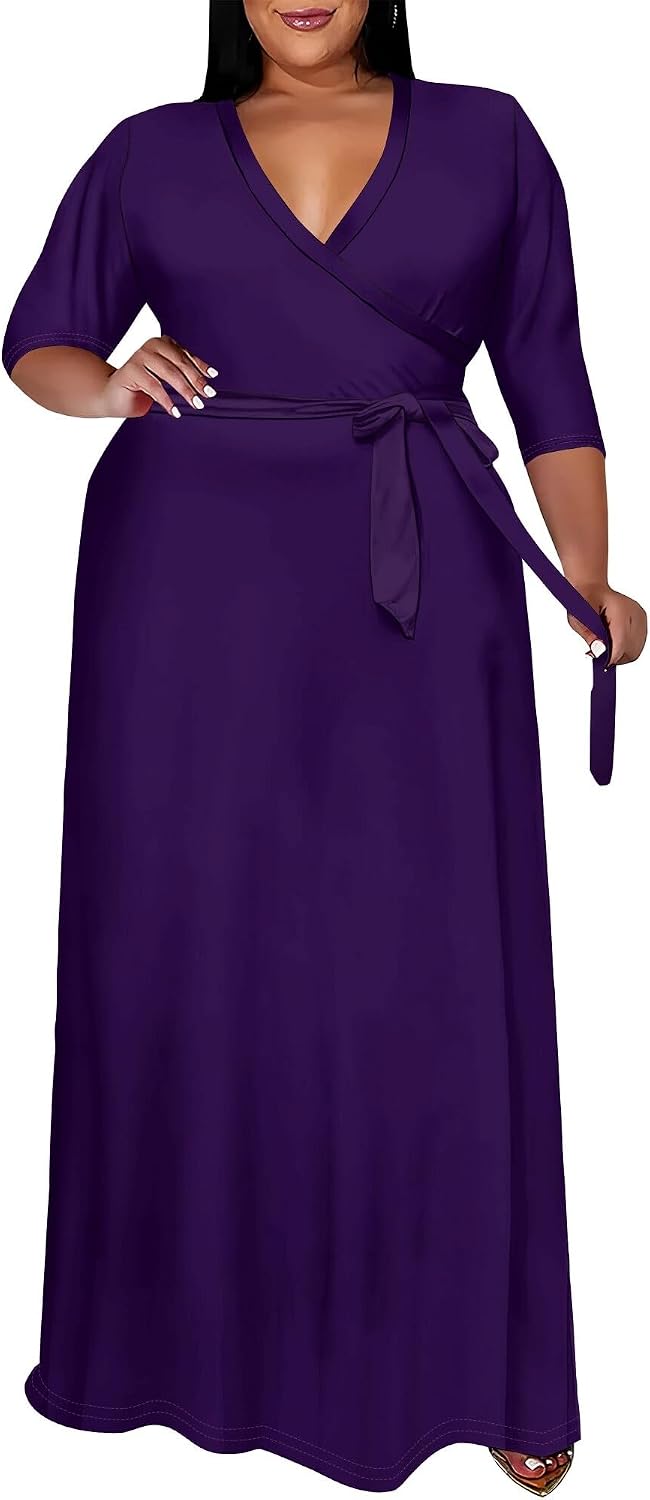 SUZONANA Plus Size Maxi Dresses for Curvy Women Wrap 3/4 Sleeve Long Dress