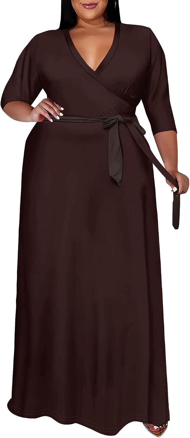 SUZONANA Plus Size Maxi Dresses for Curvy Women Wrap 3/4 Sleeve Long Dress