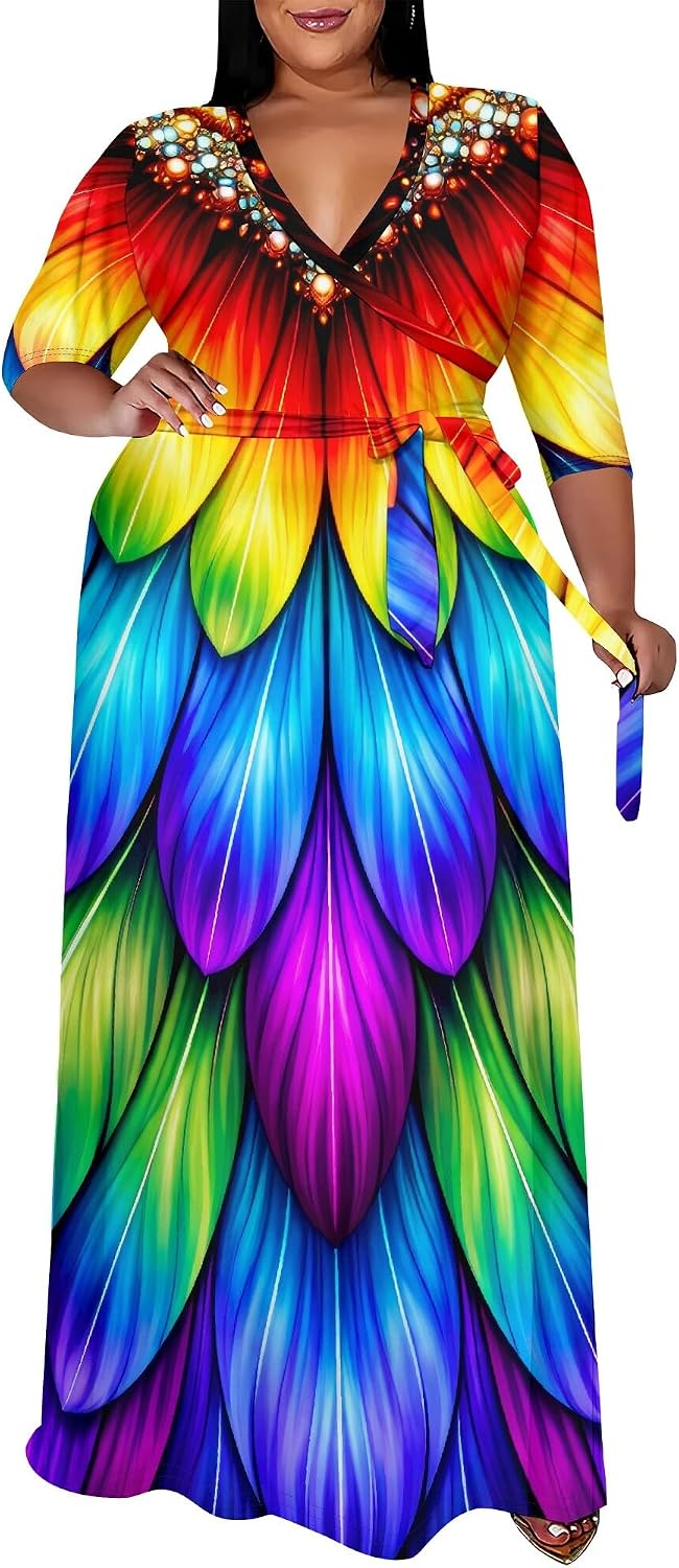 SUZONANA Plus Size Maxi Dresses for Curvy Women Wrap 3/4 Sleeve Long Dress