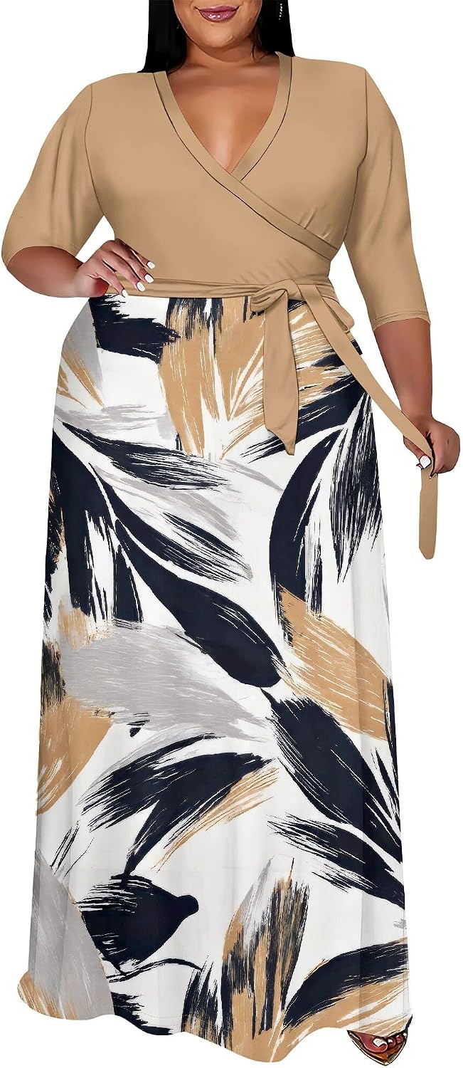 SUZONANA Plus Size Maxi Dresses for Curvy Women Wrap 3/4 Sleeve Long Dress