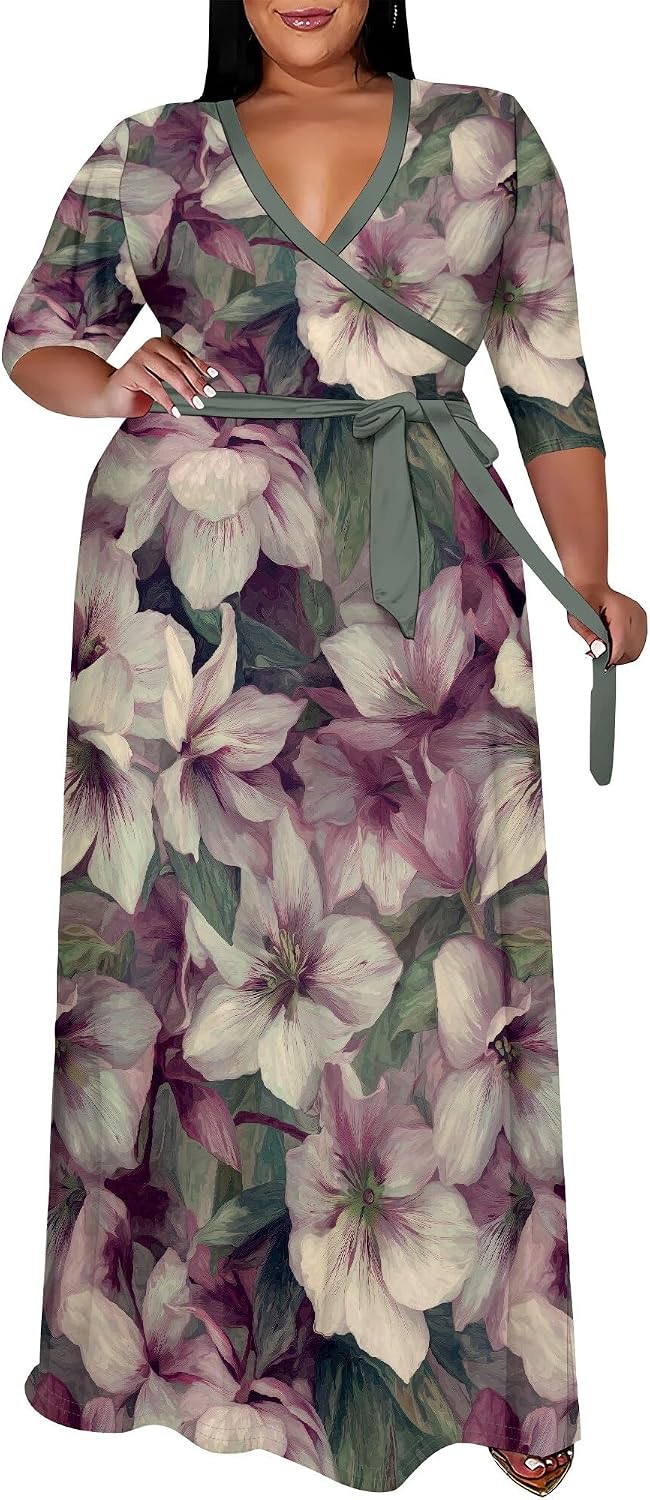 SUZONANA Plus Size Maxi Dresses for Curvy Women Wrap 3/4 Sleeve Long Dress
