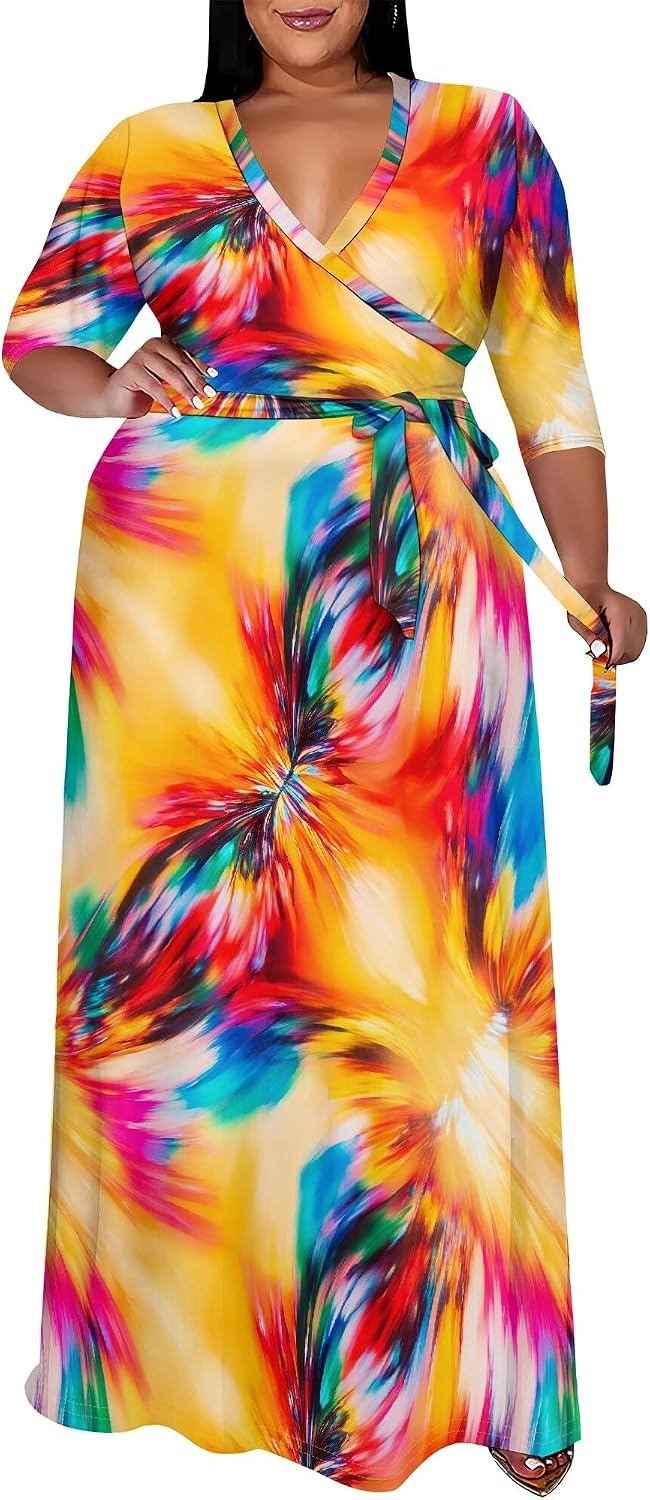 SUZONANA Plus Size Maxi Dresses for Curvy Women Wrap 3/4 Sleeve Long Dress