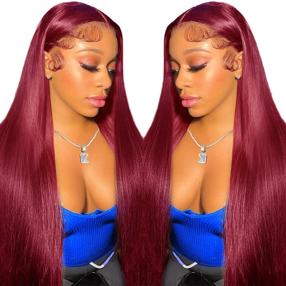 CHEETAHBEAUTY 99j Burgundy Lace Front Wigs Human Hair 24Inch 13x6 Burgundy Wig Human Hair 220% Density Brazilian Virgin Straight Human Hair Wigs for Women Pre Plucked with Baby Hair