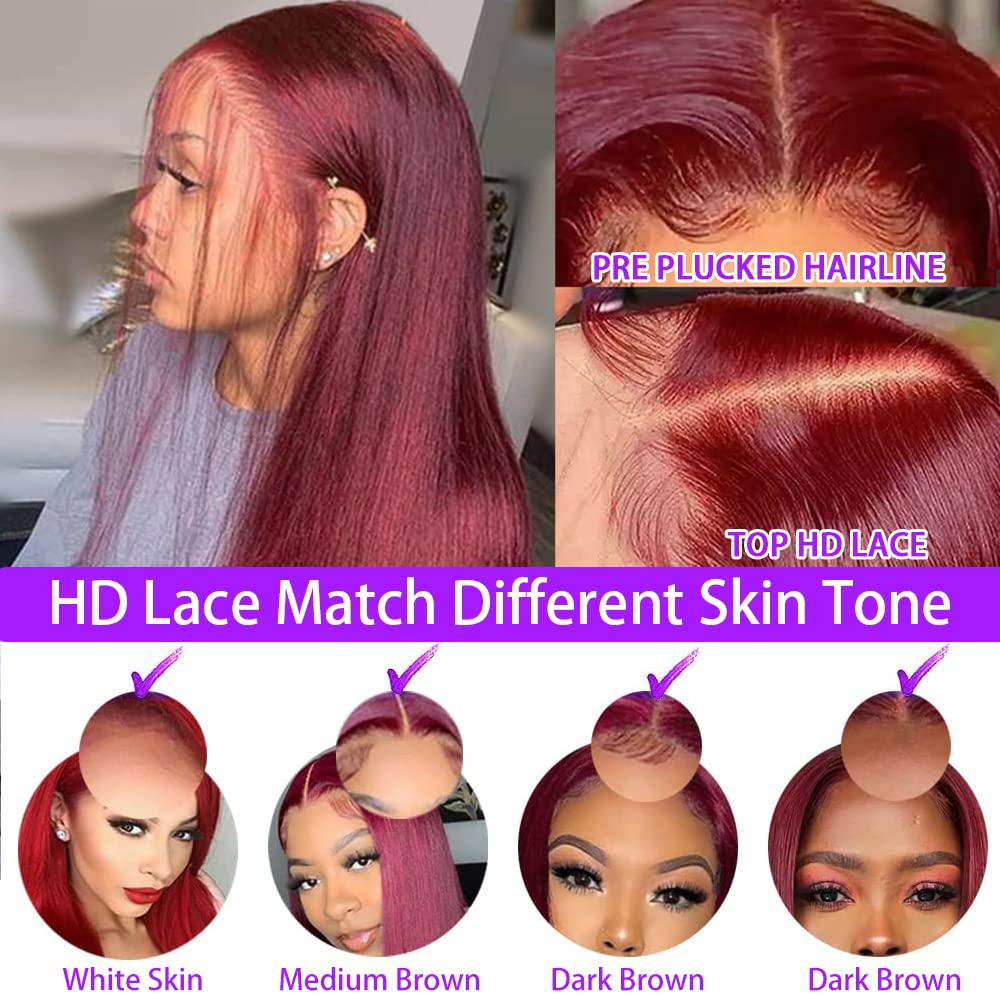 CHEETAHBEAUTY 99j Burgundy Lace Front Wigs Human Hair 24Inch 13x6 Burgundy Wig Human Hair 220% Density Brazilian Virgin Straight Human Hair Wigs for Women Pre Plucked with Baby Hair