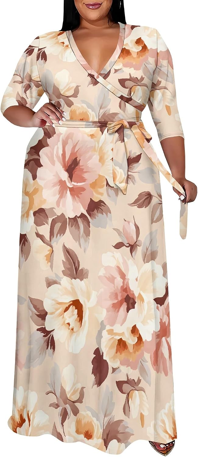 SUZONANA Plus Size Maxi Dresses for Curvy Women Wrap 3/4 Sleeve Long Dress