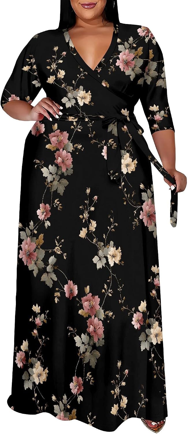 SUZONANA Plus Size Maxi Dresses for Curvy Women Wrap 3/4 Sleeve Long Dress