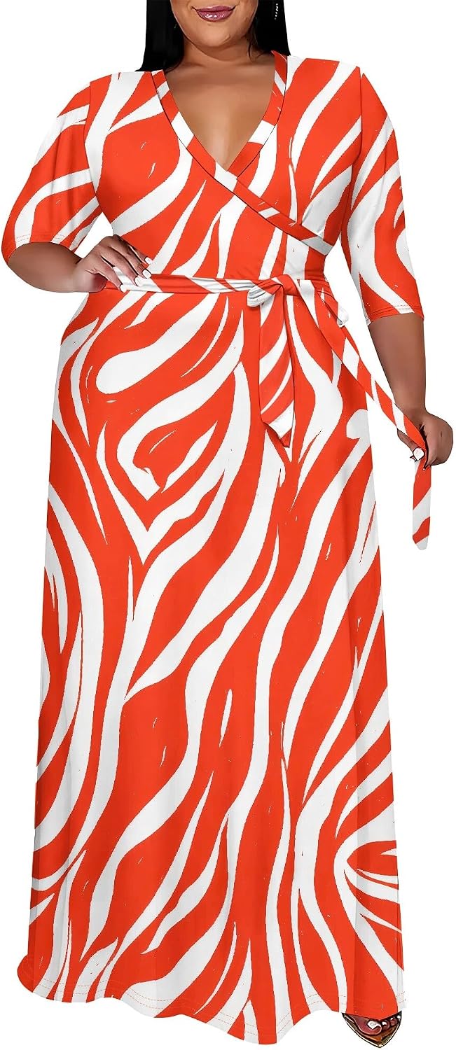 SUZONANA Plus Size Maxi Dresses for Curvy Women Wrap 3/4 Sleeve Long Dress