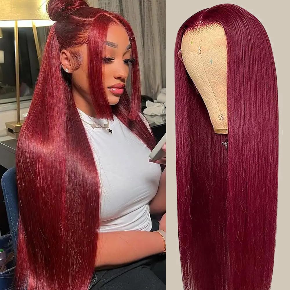 CHEETAHBEAUTY 99j Burgundy Lace Front Wigs Human Hair 24Inch 13x6 Burgundy Wig Human Hair 220% Density Brazilian Virgin Straight Human Hair Wigs for Women Pre Plucked with Baby Hair