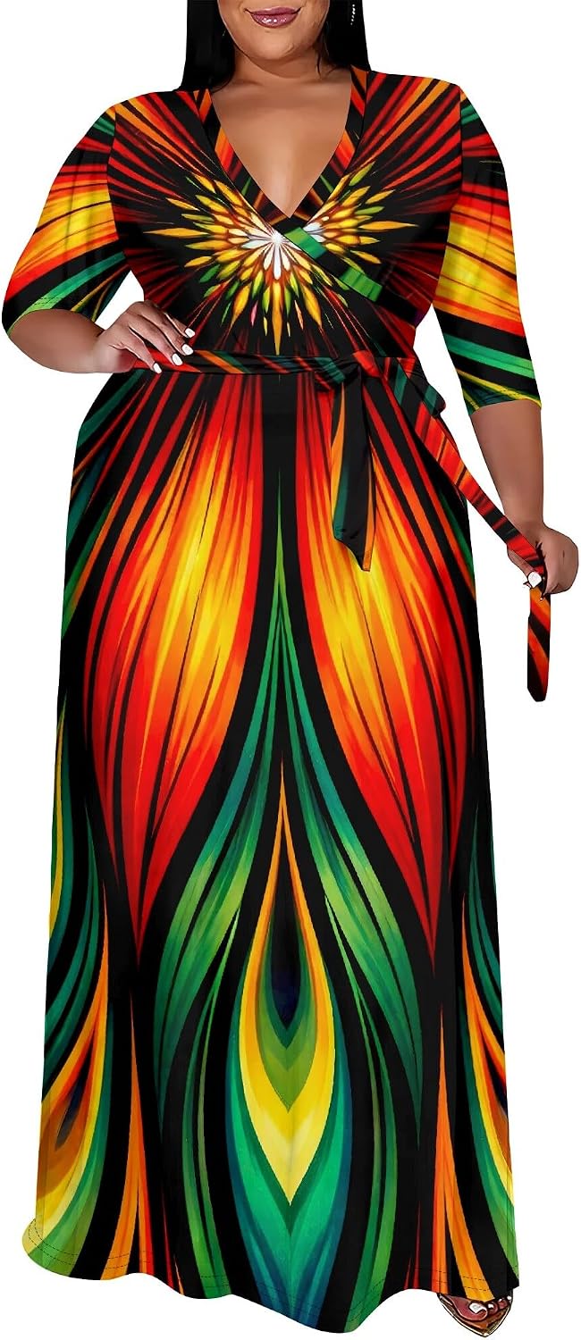 SUZONANA Plus Size Maxi Dresses for Curvy Women Wrap 3/4 Sleeve Long Dress