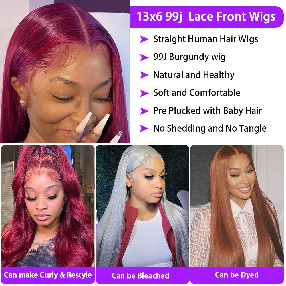 CHEETAHBEAUTY 99j Burgundy Lace Front Wigs Human Hair 24Inch 13x6 Burgundy Wig Human Hair 220% Density Brazilian Virgin Straight Human Hair Wigs for Women Pre Plucked with Baby Hair