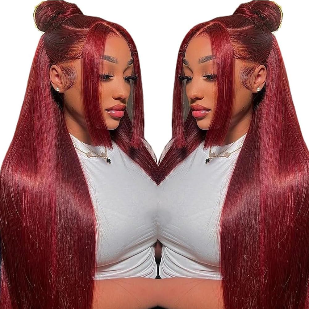CHEETAHBEAUTY 99j Burgundy Lace Front Wigs Human Hair 24Inch 13x6 Burgundy Wig Human Hair 220% Density Brazilian Virgin Straight Human Hair Wigs for Women Pre Plucked with Baby Hair