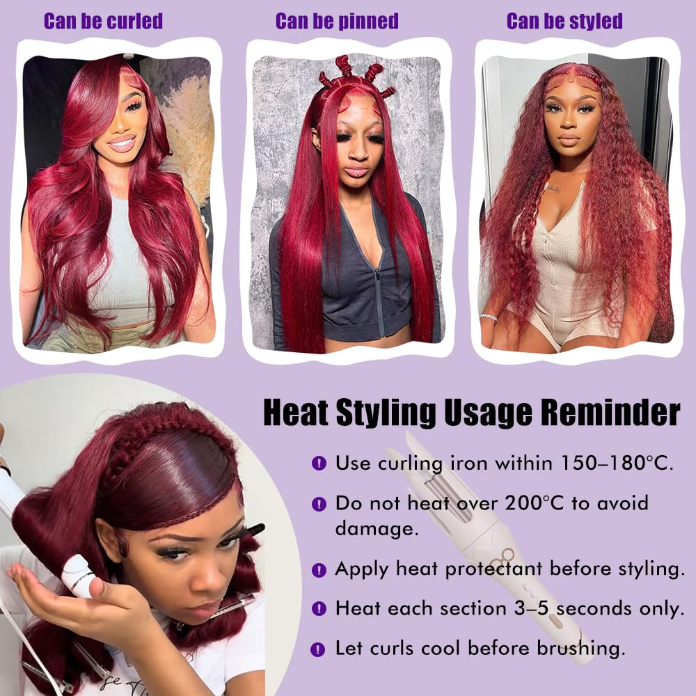 CHEETAHBEAUTY 99j Burgundy Lace Front Wigs Human Hair 24Inch 13x6 Burgundy Wig Human Hair 220% Density Brazilian Virgin Straight Human Hair Wigs for Women Pre Plucked with Baby Hair