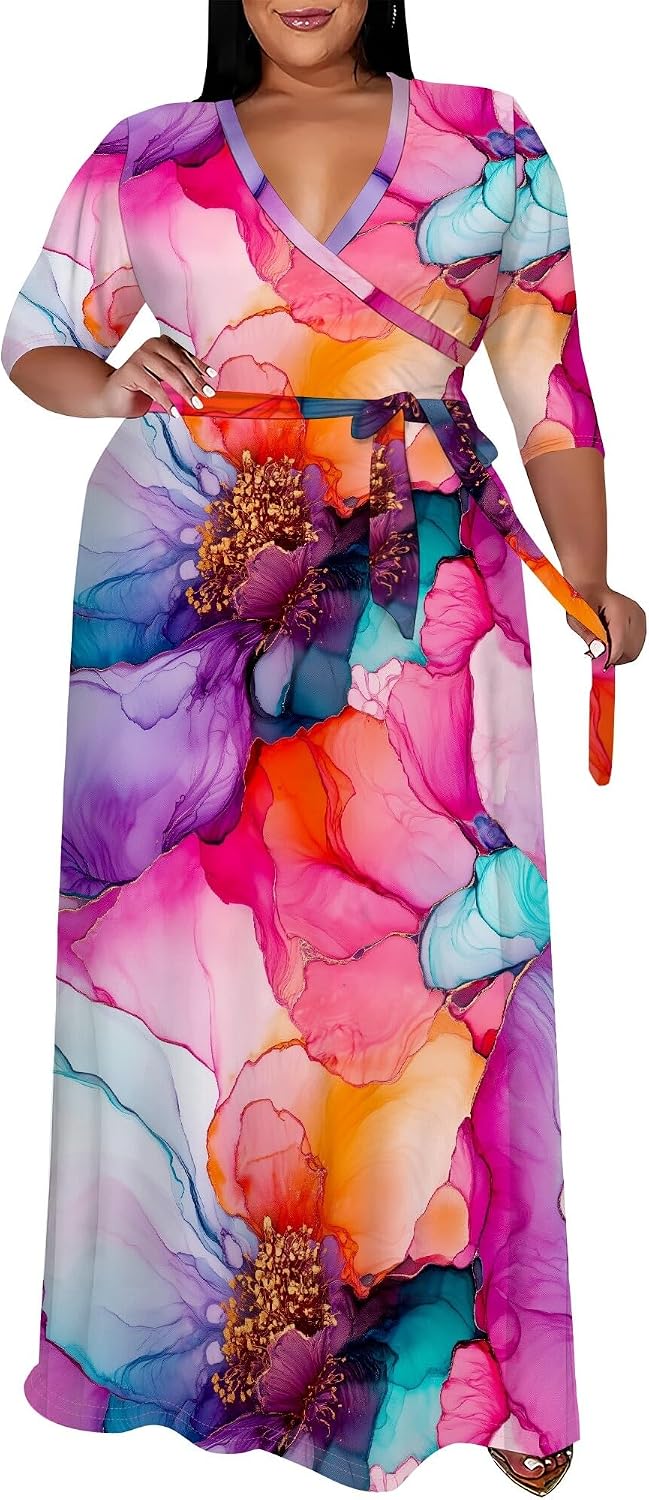 SUZONANA Plus Size Maxi Dresses for Curvy Women Wrap 3/4 Sleeve Long Dress