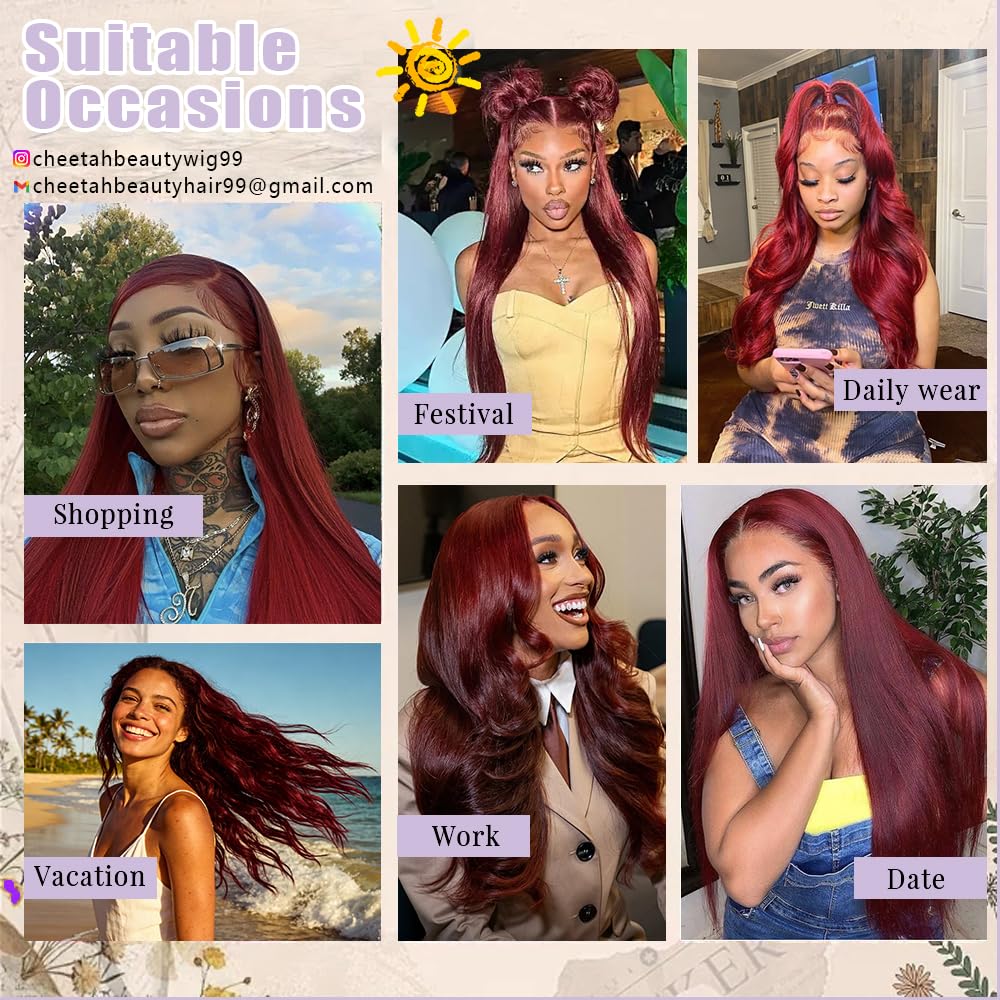 CHEETAHBEAUTY 99j Burgundy Lace Front Wigs Human Hair 24Inch 13x6 Burgundy Wig Human Hair 220% Density Brazilian Virgin Straight Human Hair Wigs for Women Pre Plucked with Baby Hair