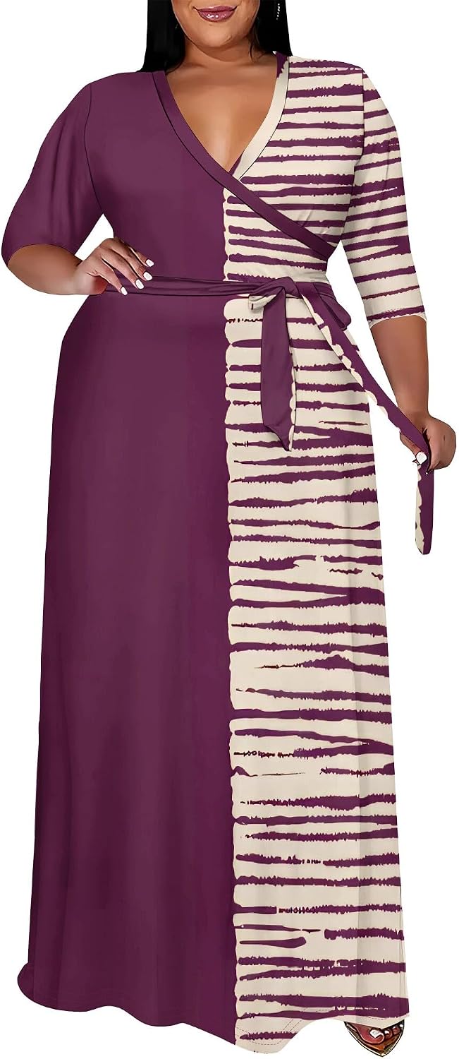 SUZONANA Plus Size Maxi Dresses for Curvy Women Wrap 3/4 Sleeve Long Dress