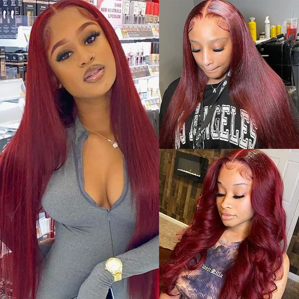 CHEETAHBEAUTY 99j Burgundy Lace Front Wigs Human Hair 24Inch 13x6 Burgundy Wig Human Hair 220% Density Brazilian Virgin Straight Human Hair Wigs for Women Pre Plucked with Baby Hair