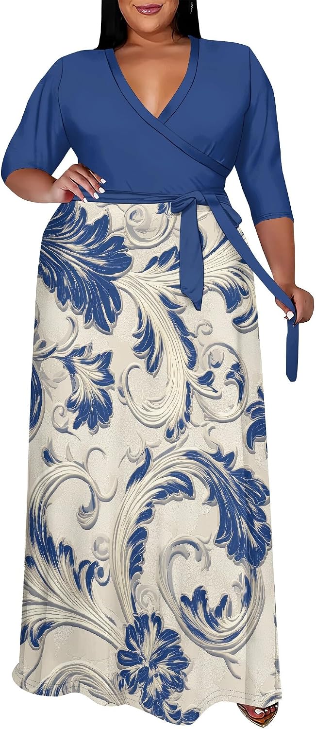 SUZONANA Plus Size Maxi Dresses for Curvy Women Wrap 3/4 Sleeve Long Dress