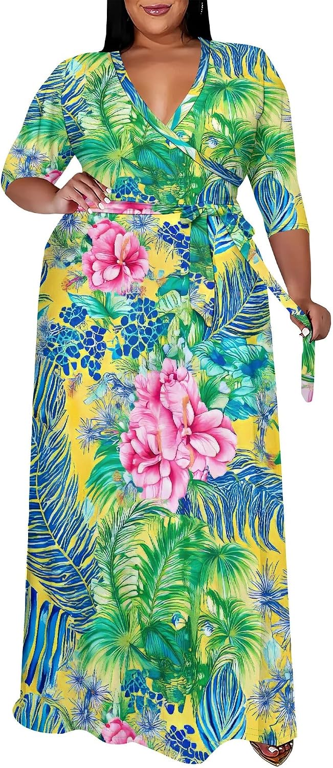 SUZONANA Plus Size Maxi Dresses for Curvy Women Wrap 3/4 Sleeve Long Dress