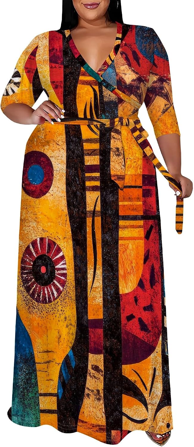 SUZONANA Plus Size Maxi Dresses for Curvy Women Wrap 3/4 Sleeve Long Dress