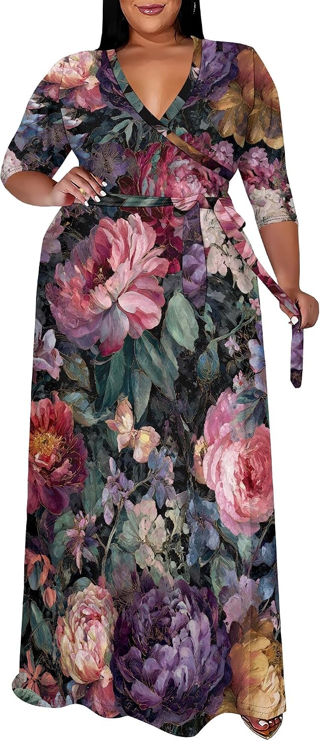 SUZONANA Plus Size Maxi Dresses for Curvy Women Wrap 3/4 Sleeve Long Dress