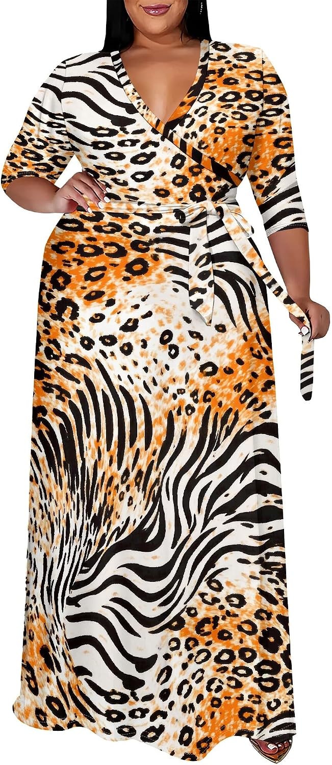 SUZONANA Plus Size Maxi Dresses for Curvy Women Wrap 3/4 Sleeve Long Dress