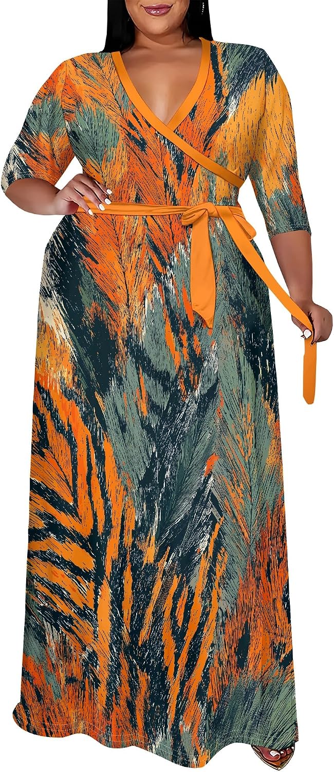 SUZONANA Plus Size Maxi Dresses for Curvy Women Wrap 3/4 Sleeve Long Dress
