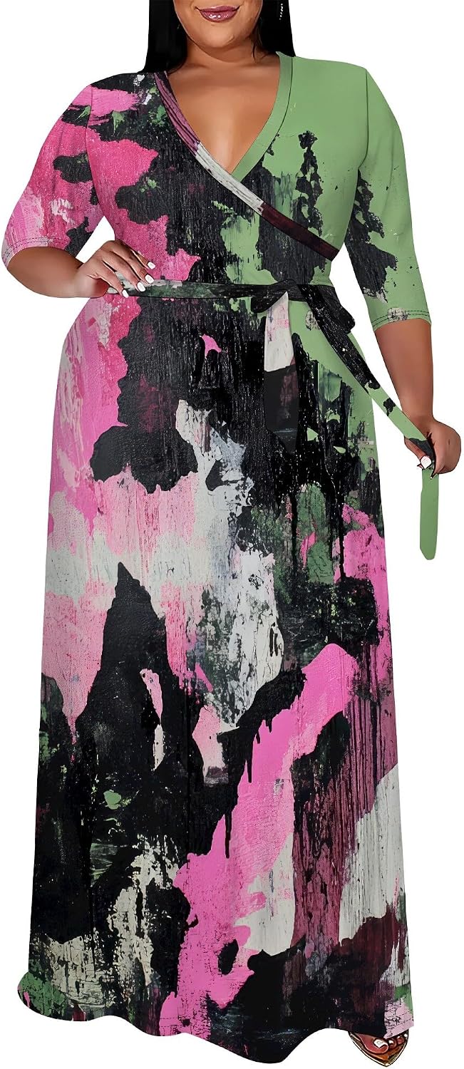 SUZONANA Plus Size Maxi Dresses for Curvy Women Wrap 3/4 Sleeve Long Dress