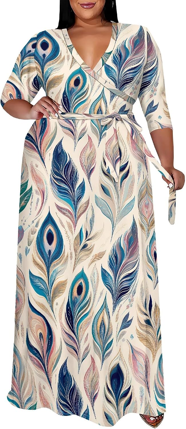 SUZONANA Plus Size Maxi Dresses for Curvy Women Wrap 3/4 Sleeve Long Dress