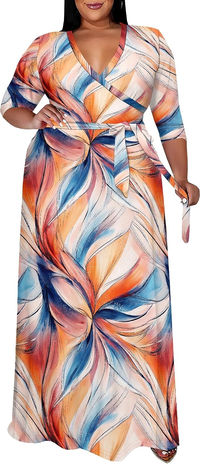 SUZONANA Plus Size Maxi Dresses for Curvy Women Wrap 3/4 Sleeve Long Dress