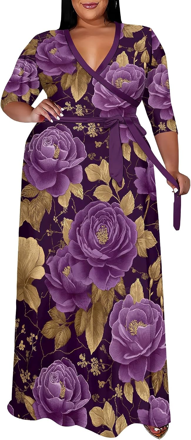 SUZONANA Plus Size Maxi Dresses for Curvy Women Wrap 3/4 Sleeve Long Dress