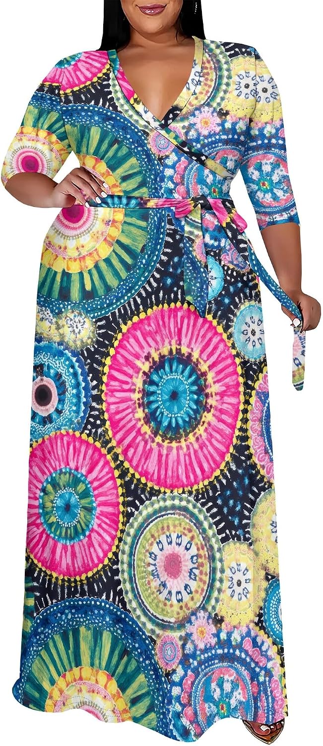 SUZONANA Plus Size Maxi Dresses for Curvy Women Wrap 3/4 Sleeve Long Dress