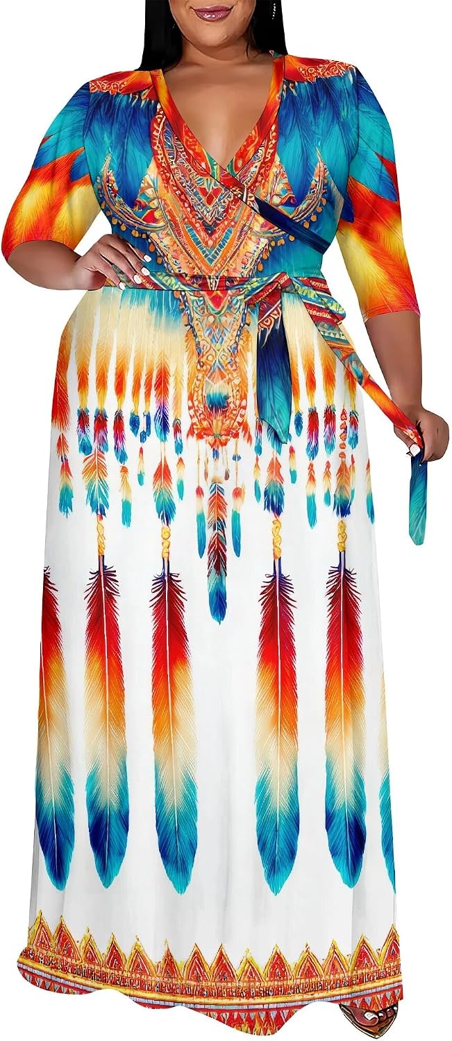 SUZONANA Plus Size Maxi Dresses for Curvy Women Wrap 3/4 Sleeve Long Dress