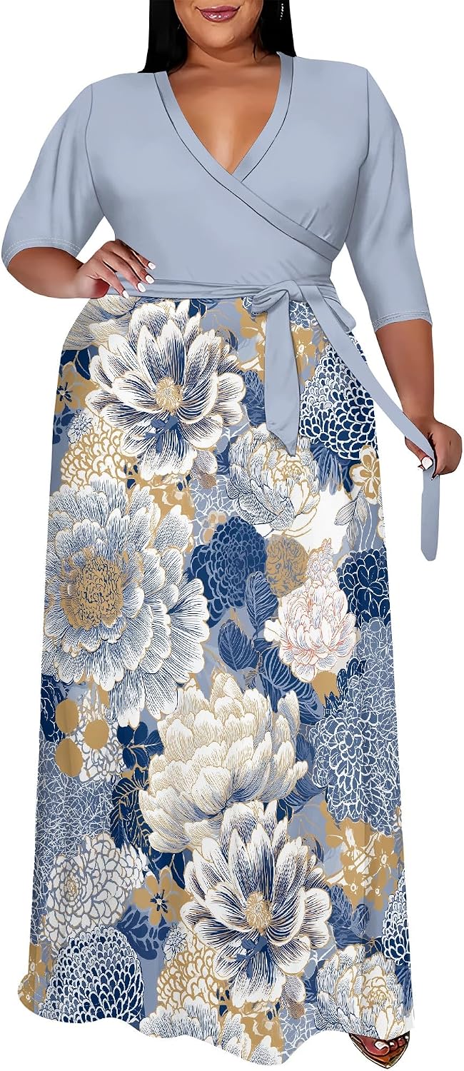 SUZONANA Plus Size Maxi Dresses for Curvy Women Wrap 3/4 Sleeve Long Dress