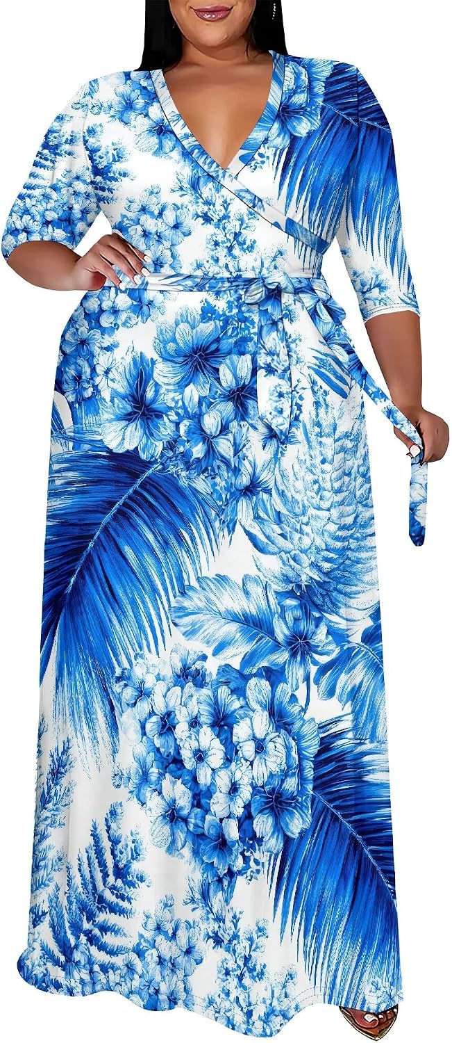 SUZONANA Plus Size Maxi Dresses for Curvy Women Wrap 3/4 Sleeve Long Dress