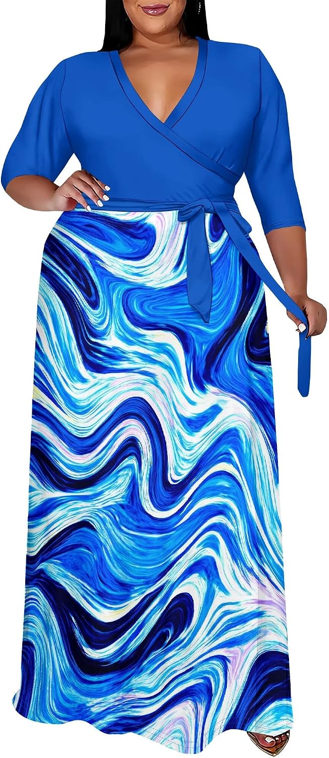 SUZONANA Plus Size Maxi Dresses for Curvy Women Wrap 3/4 Sleeve Long Dress