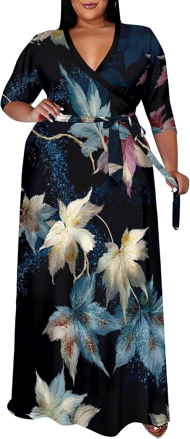 SUZONANA Plus Size Maxi Dresses for Curvy Women Wrap 3/4 Sleeve Long Dress