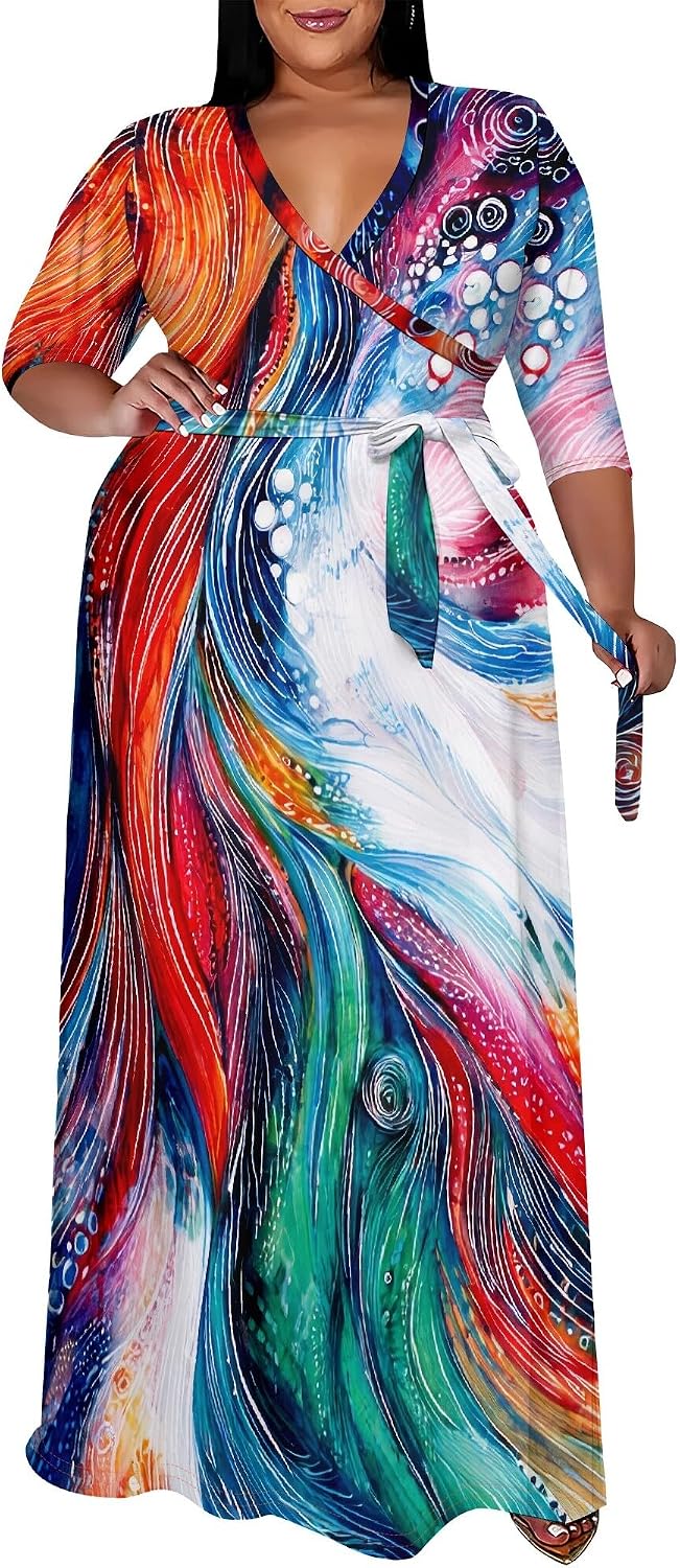 SUZONANA Plus Size Maxi Dresses for Curvy Women Wrap 3/4 Sleeve Long Dress