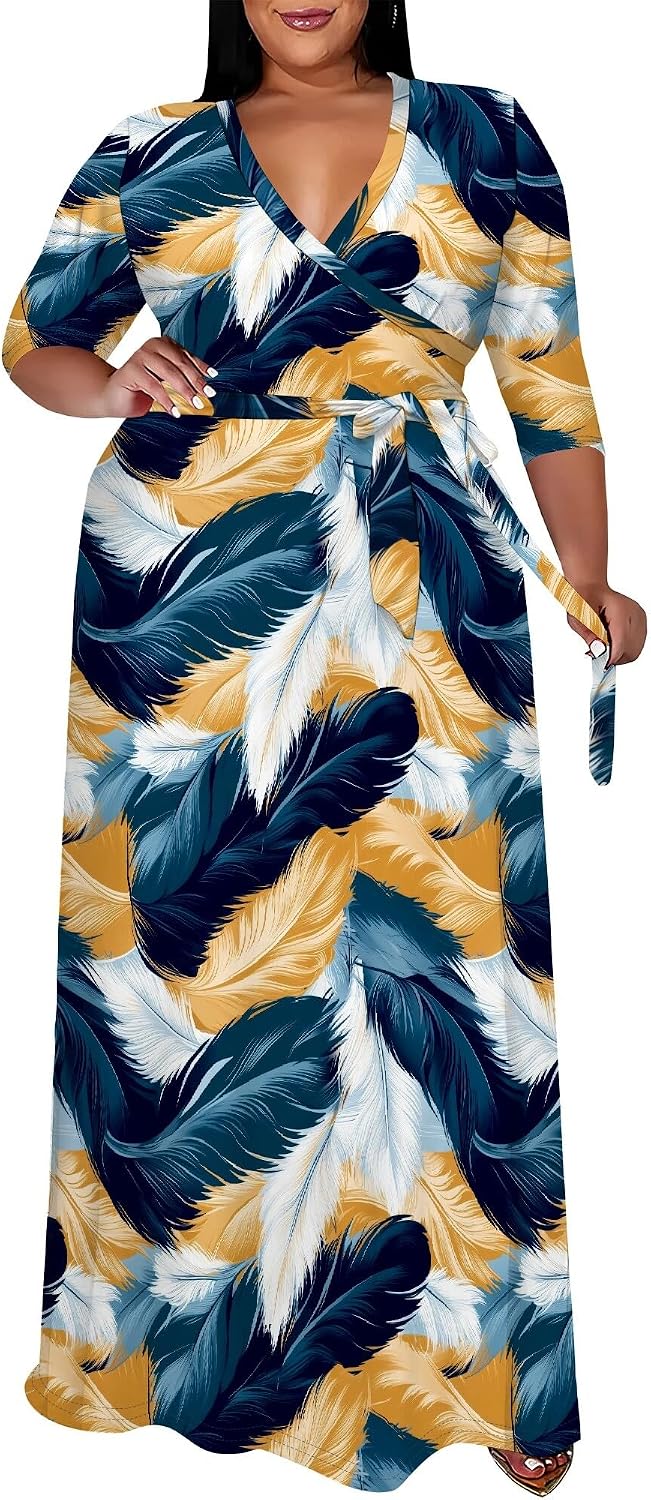 SUZONANA Plus Size Maxi Dresses for Curvy Women Wrap 3/4 Sleeve Long Dress