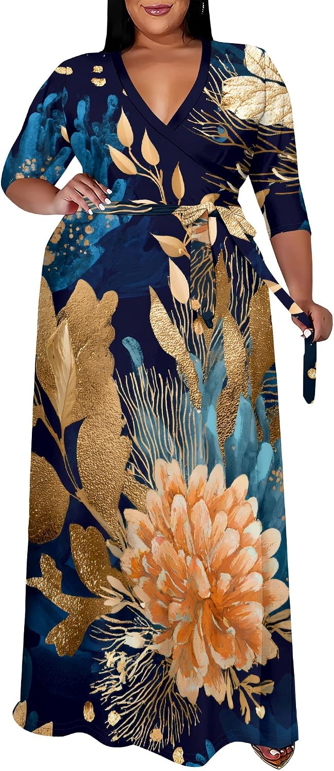 SUZONANA Plus Size Maxi Dresses for Curvy Women Wrap 3/4 Sleeve Long Dress