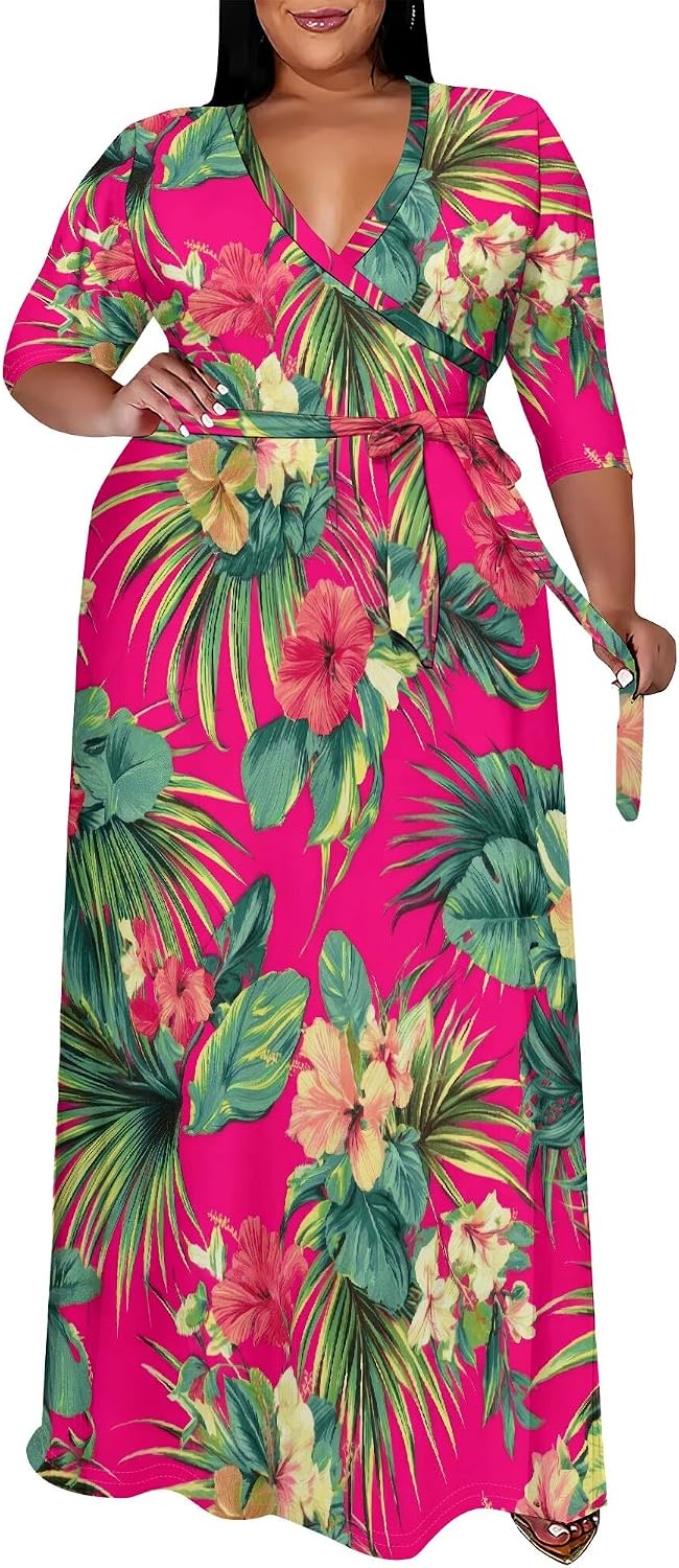 SUZONANA Plus Size Maxi Dresses for Curvy Women Wrap 3/4 Sleeve Long Dress